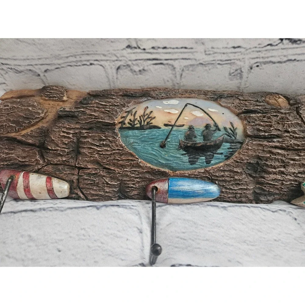 Rustic Fishing Wall Hook Rack Cabin Decor - 3 Hooks Log Look & Bobbers